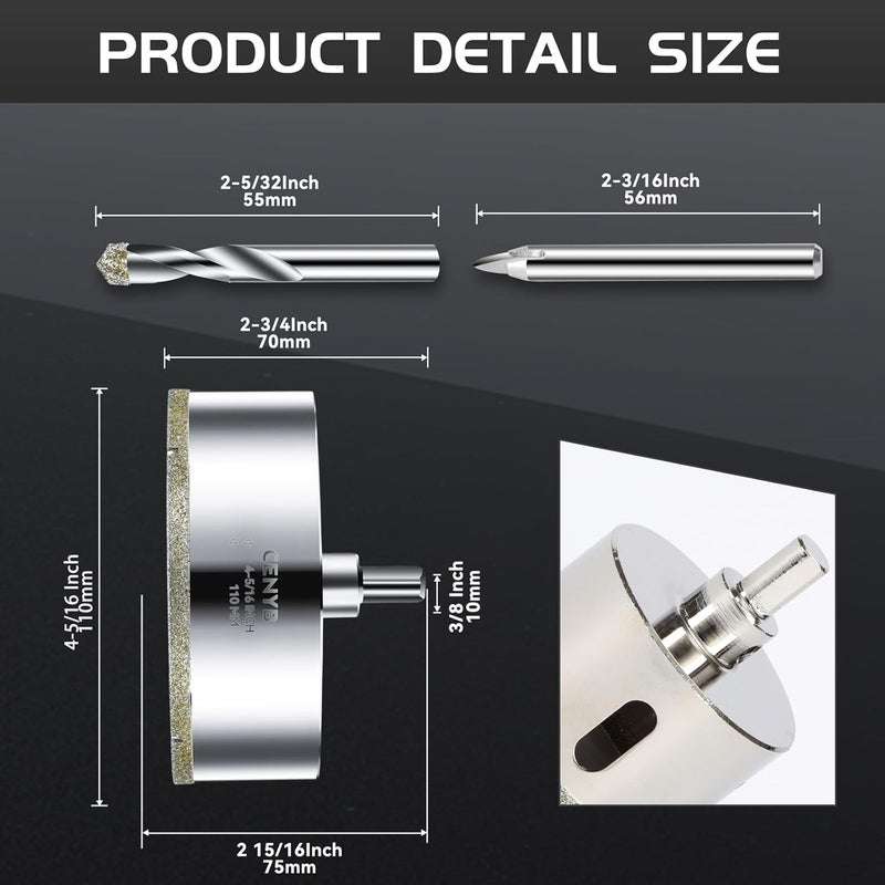 cenyb 4-5/16inch | 110mm Diamond Hole Saw with Center Drill bit and Diamond-Coated Center Drill bit for Ceramic Glass Marble Fiberglass Granite and Porcelain Tiles by - Image 2